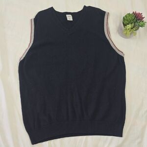 Old Navy Men's Navy V-Neck Sweater Vest with Grey and Red Trim